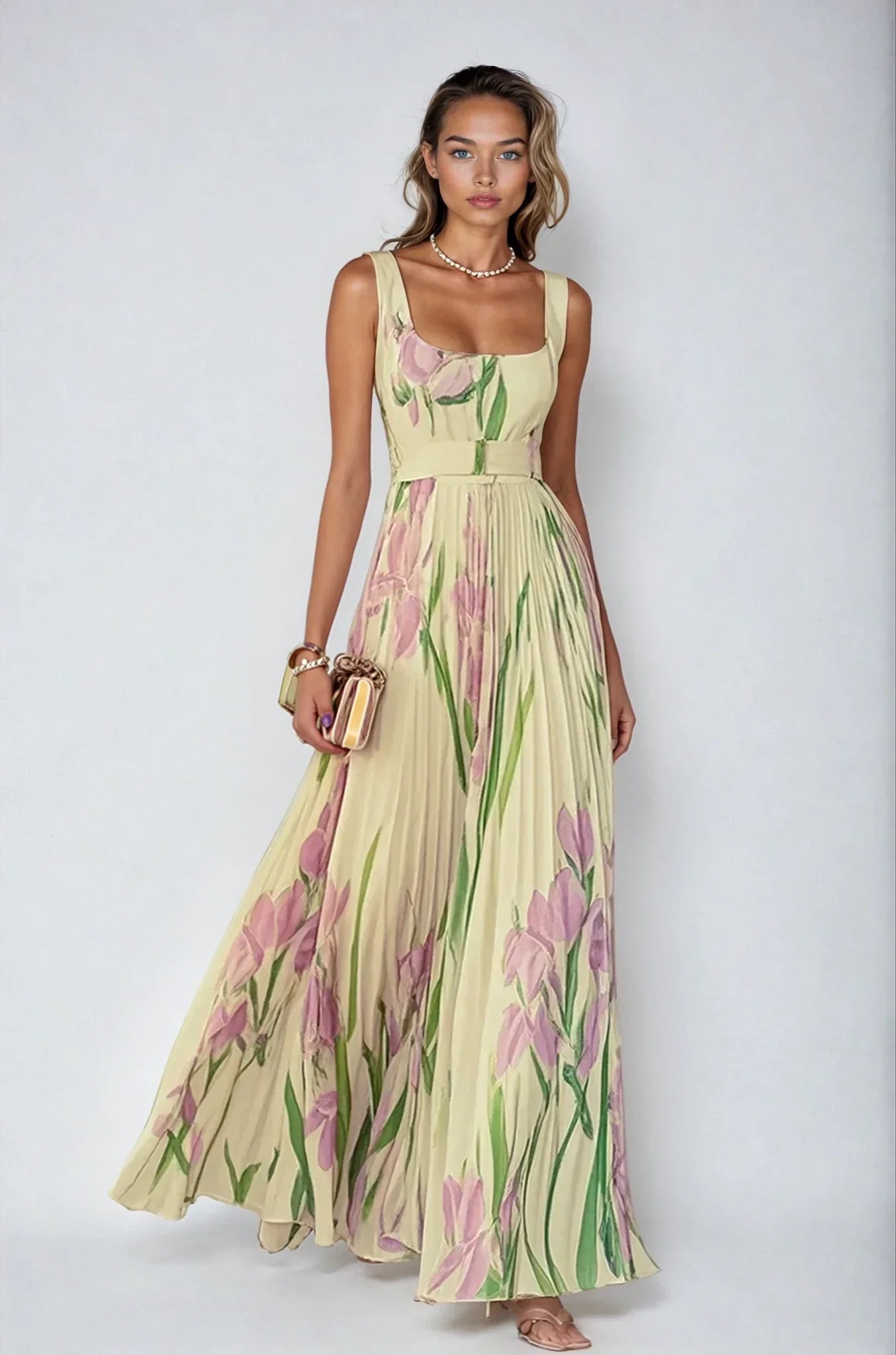 Chiffon | Maxi-jurk met bloemen en plooien