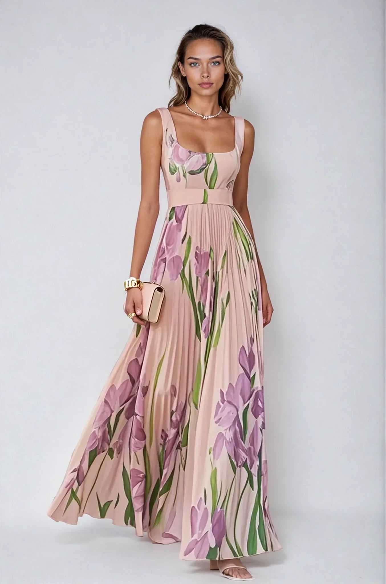 Chiffon | Maxi-jurk met bloemen en plooien