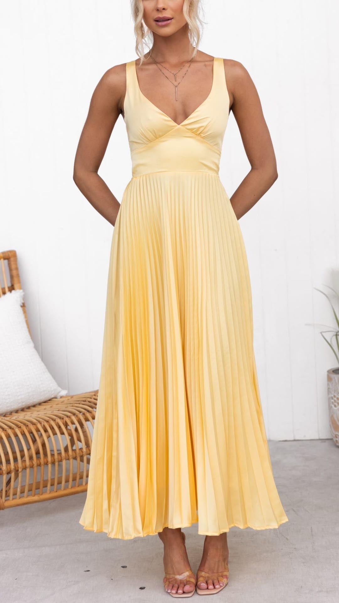 Amy | Gele Plissé V-hals Maxi jurk