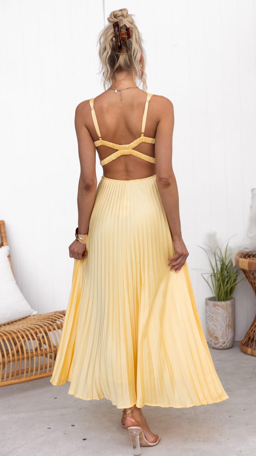 Amy | Gele Plissé V-hals Maxi jurk