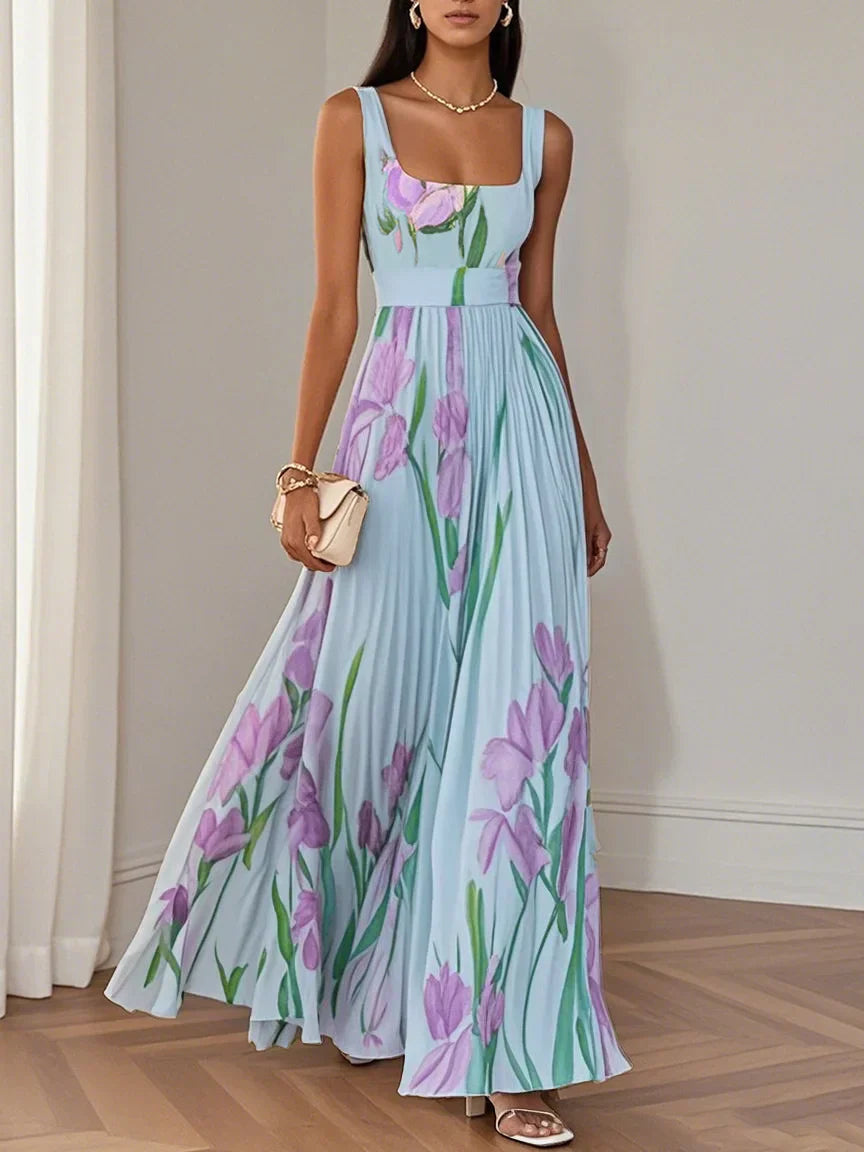 Chiffon | Maxi-jurk met bloemen en plooien