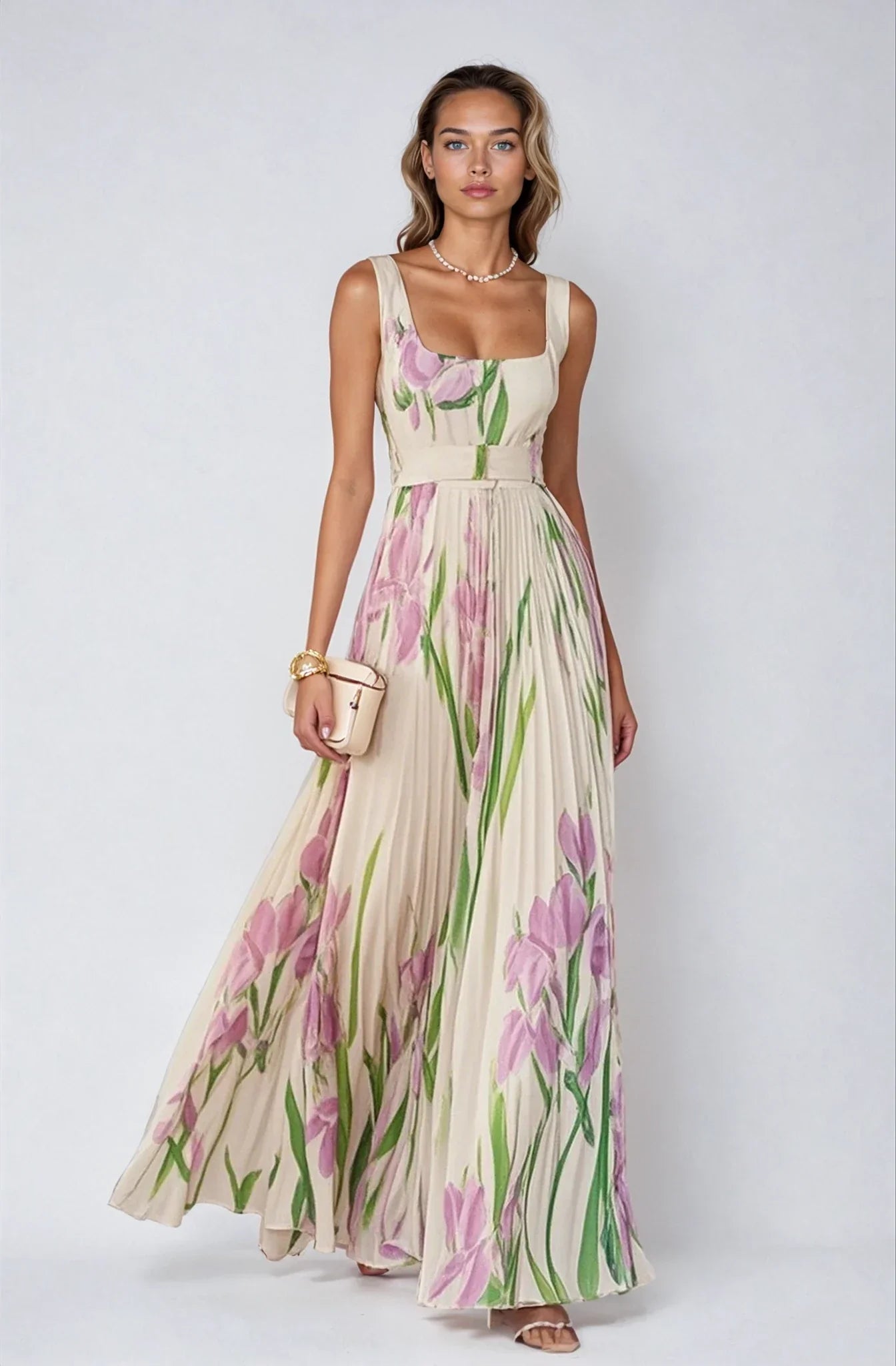 Chiffon | Maxi-jurk met bloemen en plooien