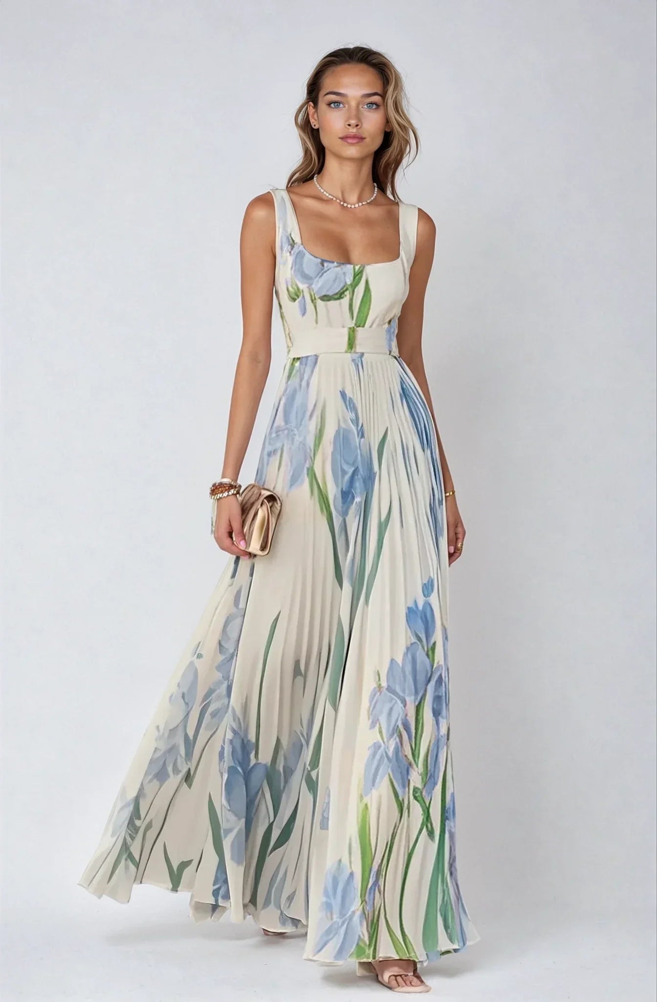 Chiffon | Maxi-jurk met bloemen en plooien